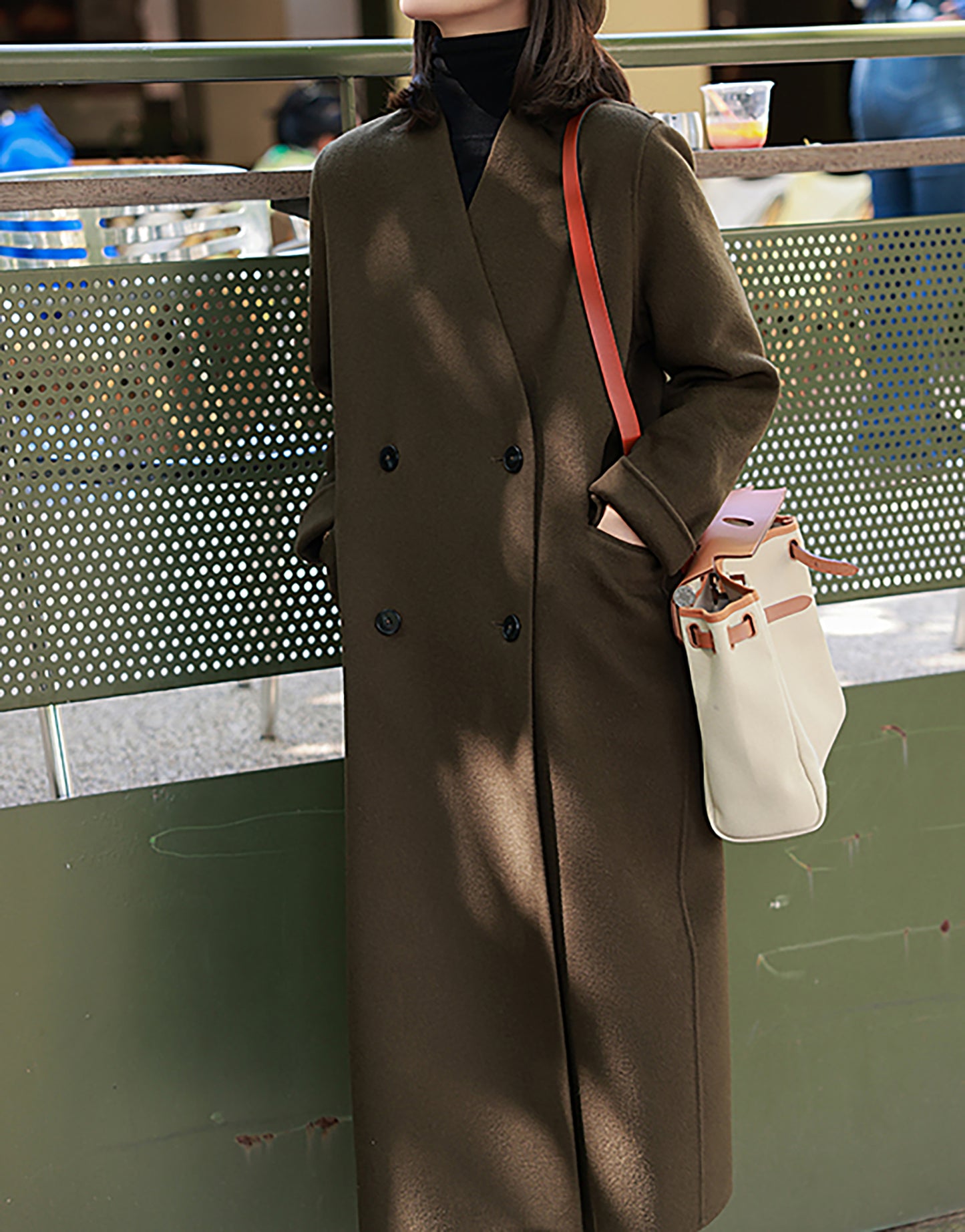 edoa Double Faced Wool V-neck Double-breasted Coat