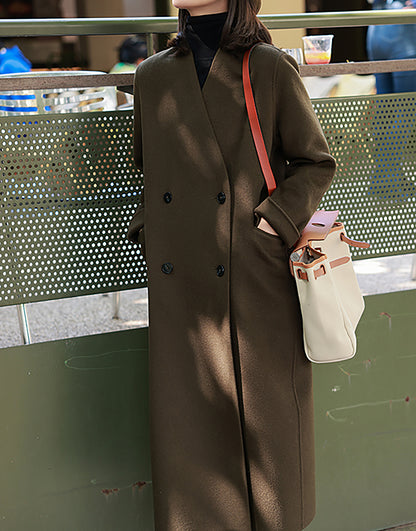 edoa Double Faced Wool V-neck Double-breasted Coat