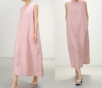 edoa Pink Linen Sleeveless Summer Dress