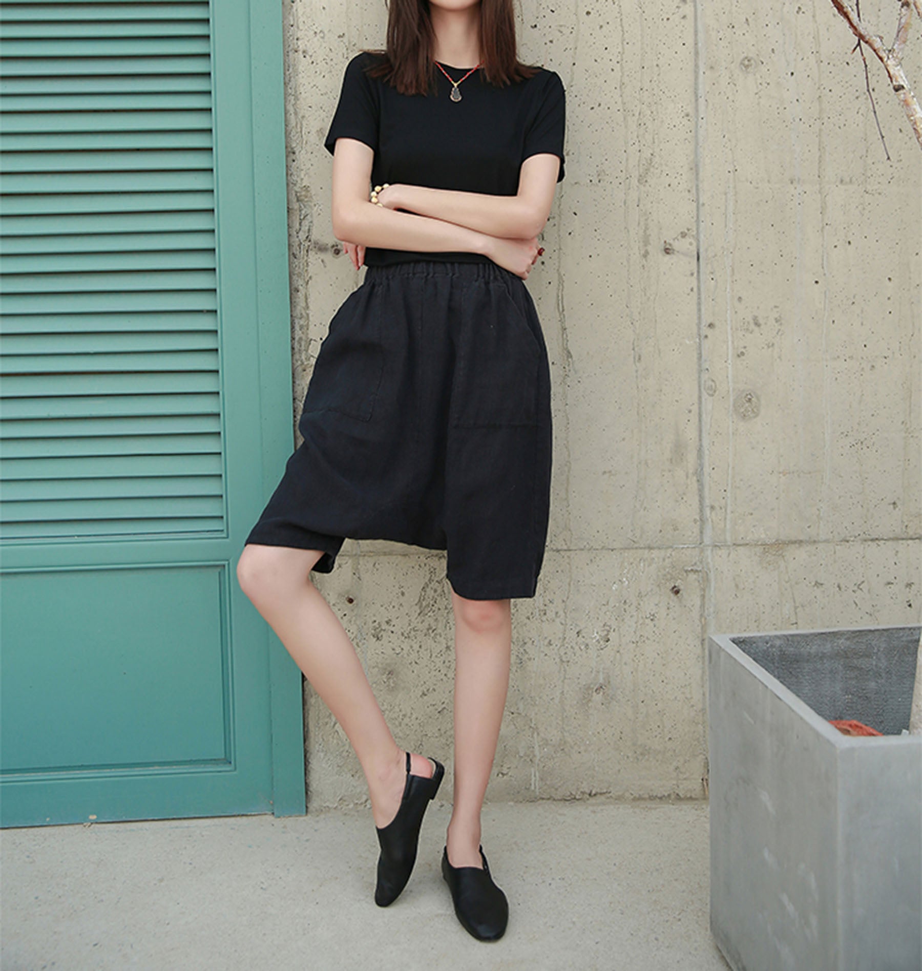edoa Loose Drop Crotch Linen Harem Pants