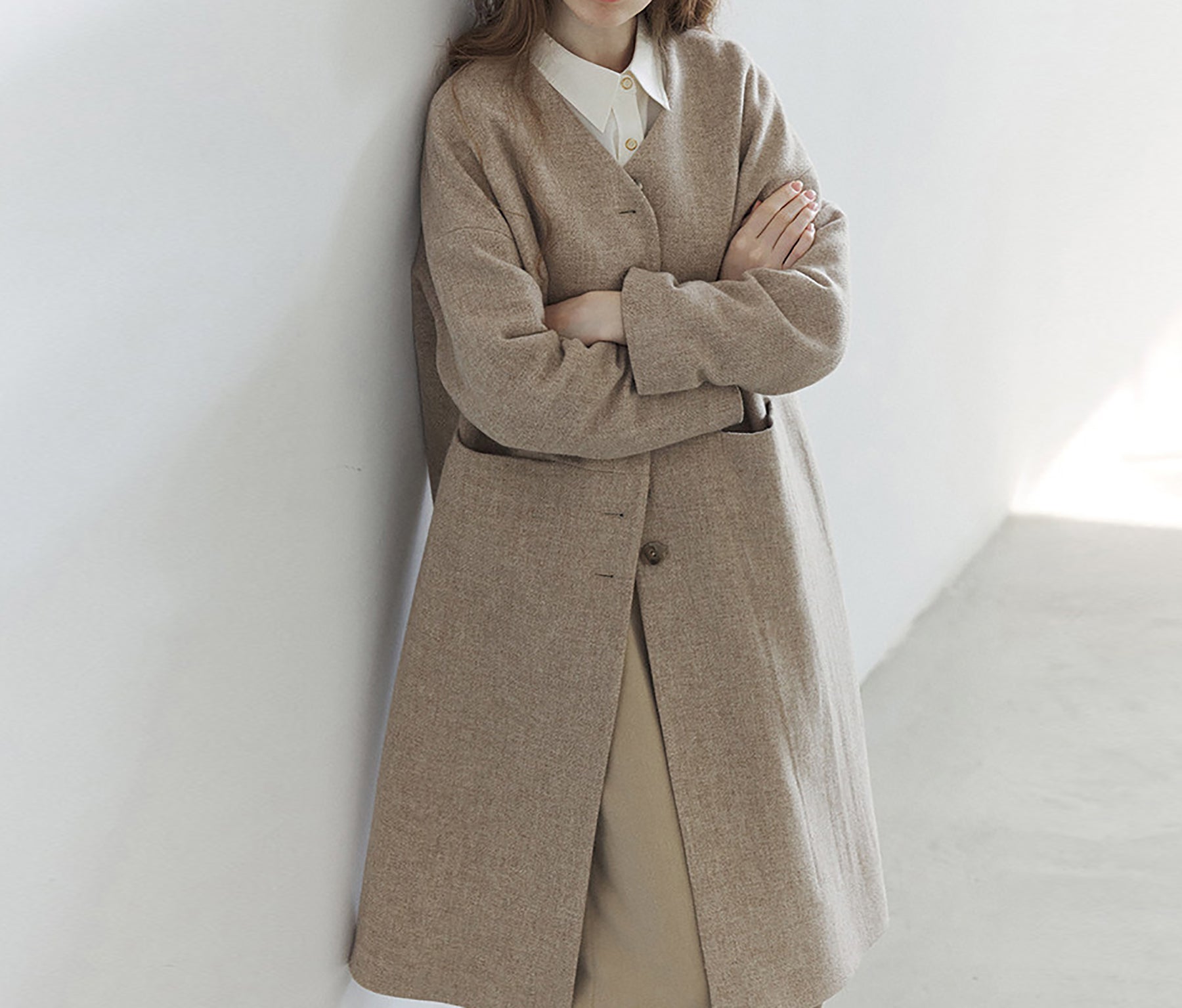 edoa Elegant V-neck Wool Long Coat