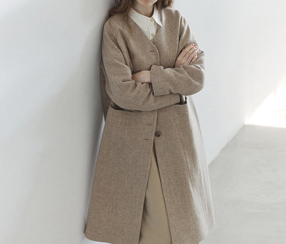 edoa Elegant V-neck Wool Long Coat