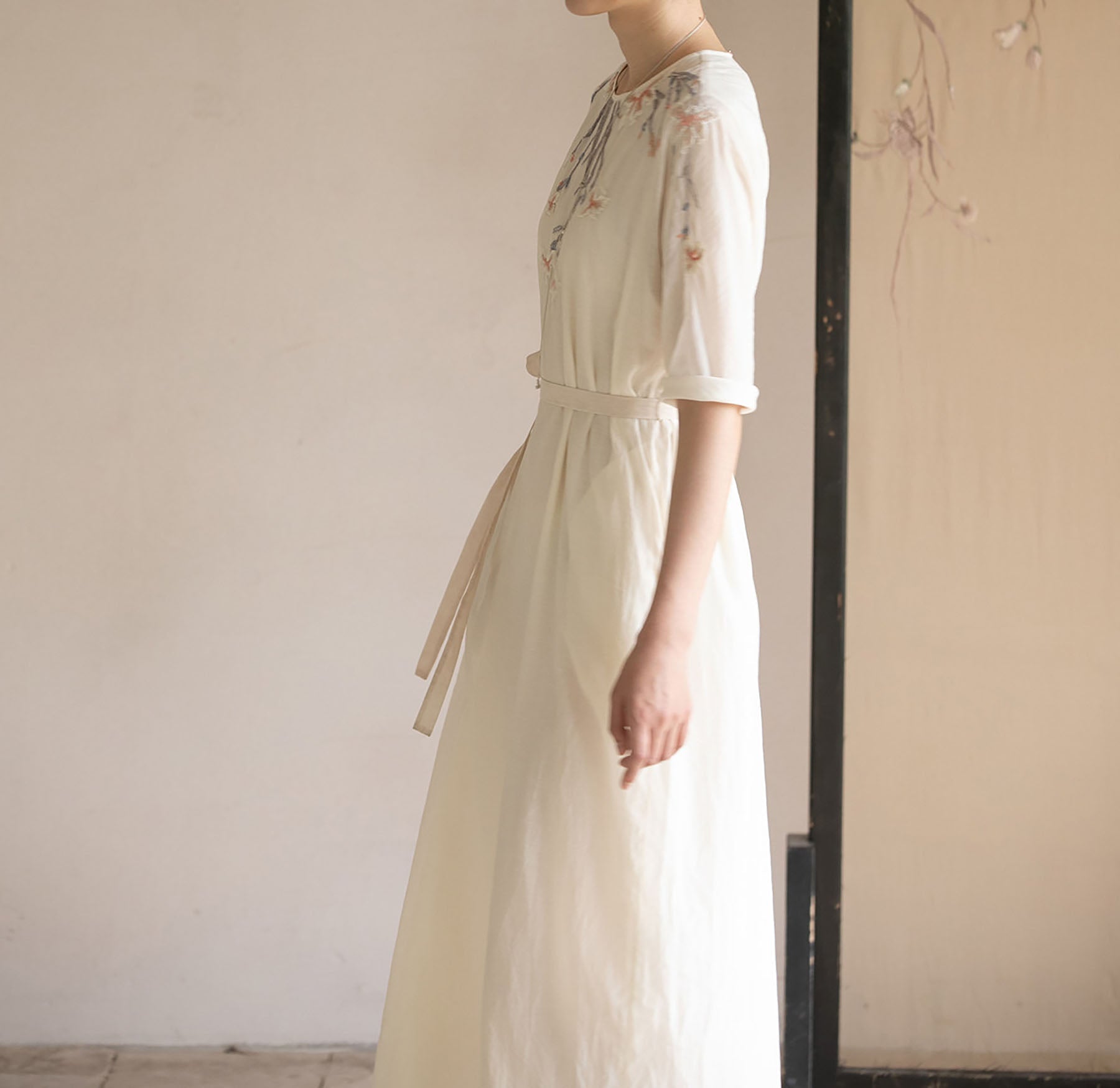 edoa Cotton Silk Blend Hand Embroidered Dress 