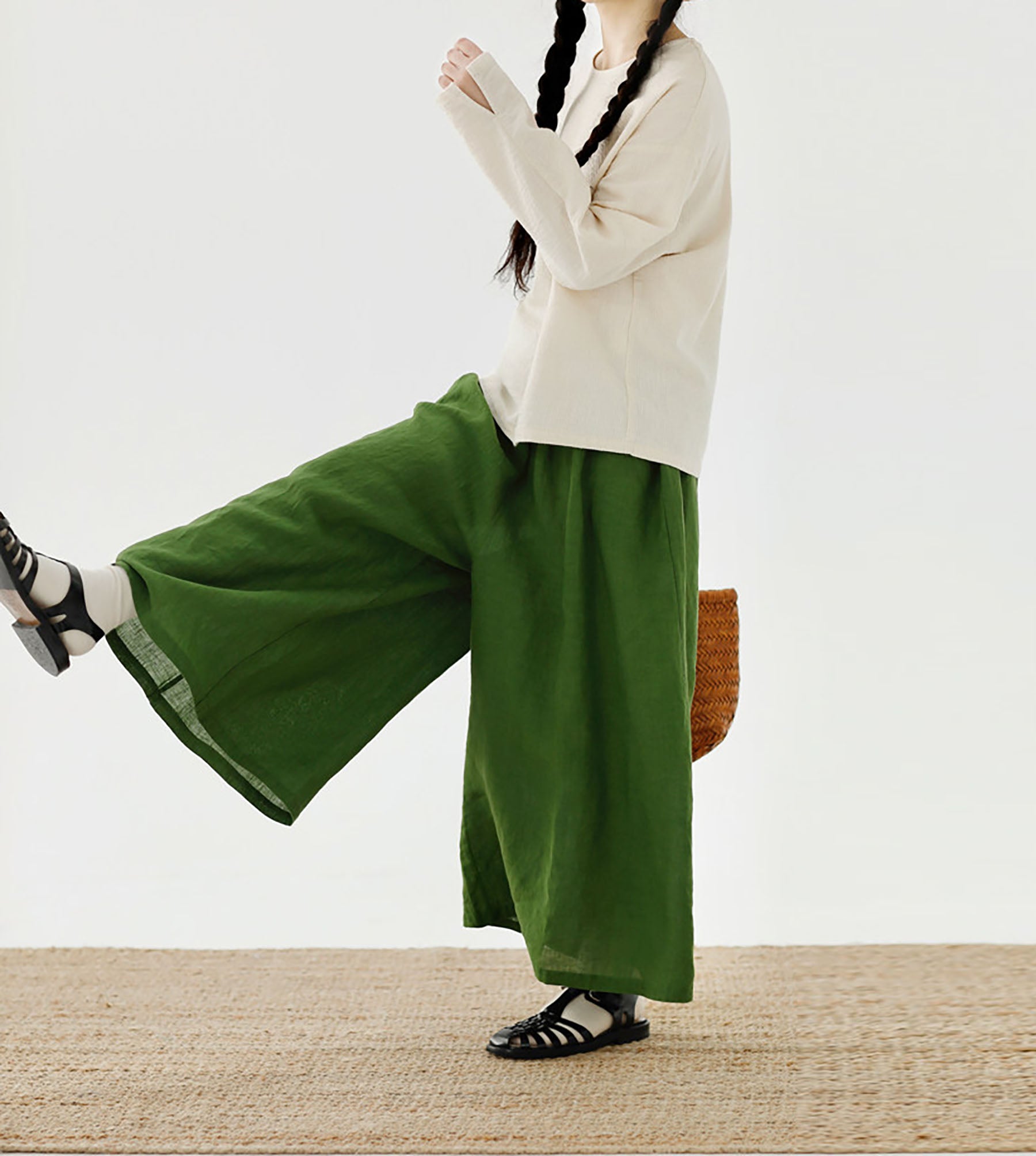 edoa Stone-washed Linen Wide Leg Pants 