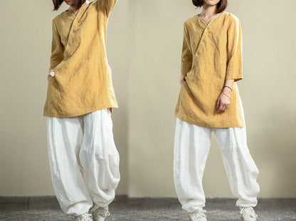 edoa Washed French Linen Qipao Top 