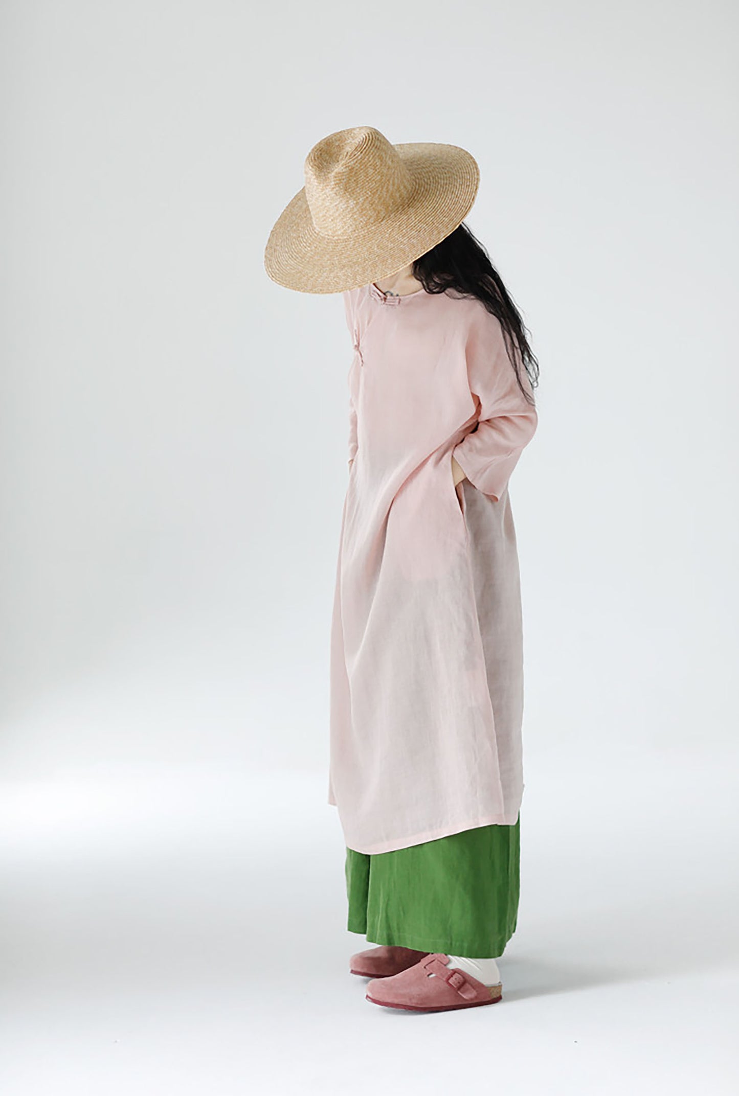 edoa Loose New Chinese Style Pink Ramie Bracelet Sleeve Cheongsam Dress