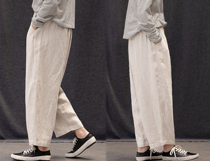 edoa Twill Flax Linen Tapered Pants with Elastic Waistband