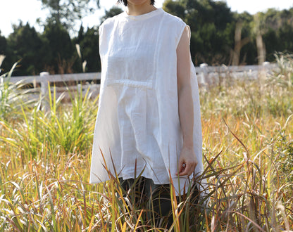 edoa White Oversized Linen Sleeveless Swing Top with Band Collar