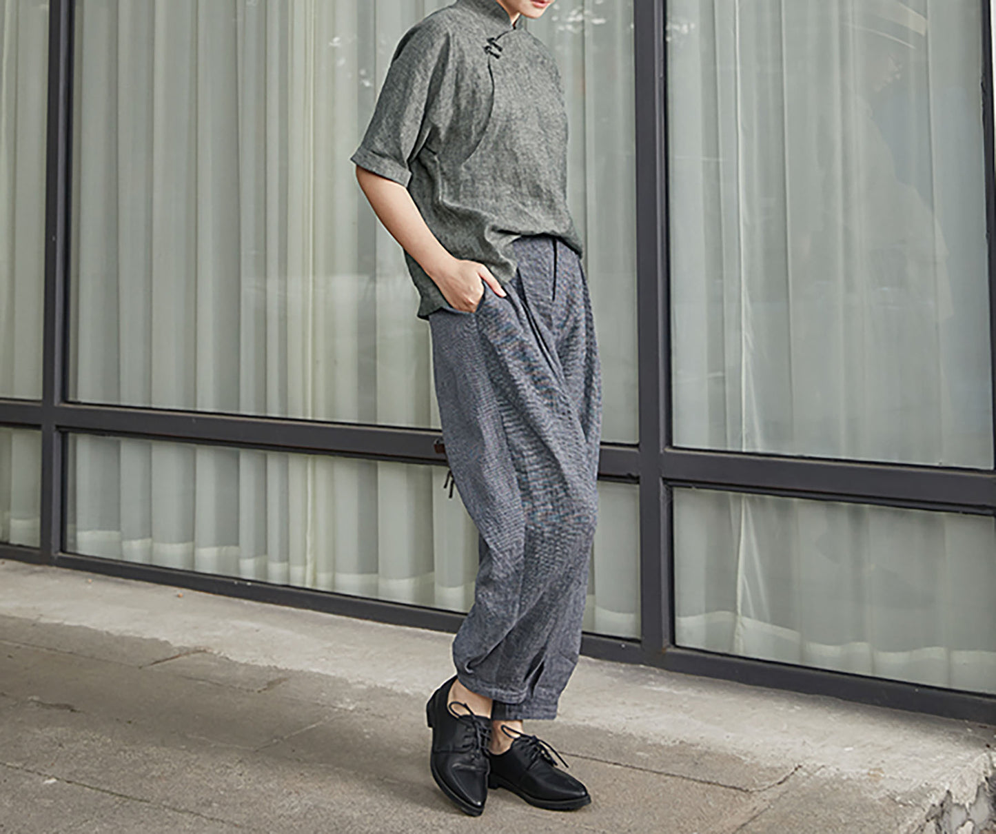 edoa Yarn Dyed Linen Chinese Shirt