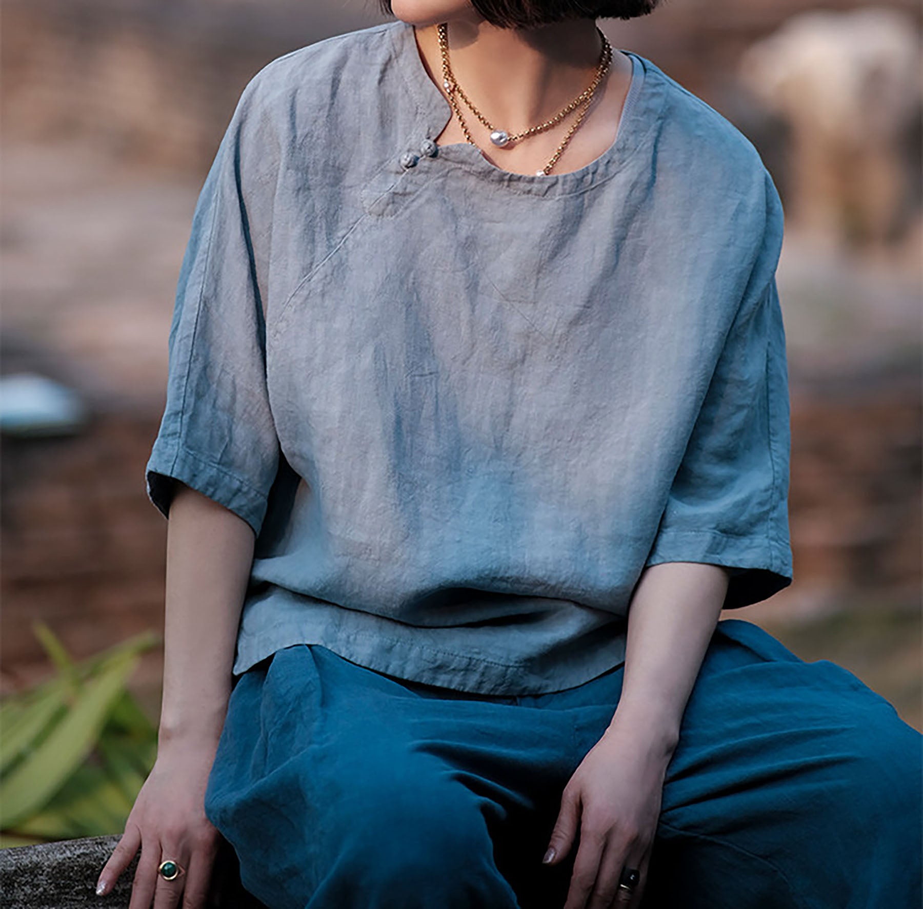 edoa Washed Linen Chinese Style Blouse
