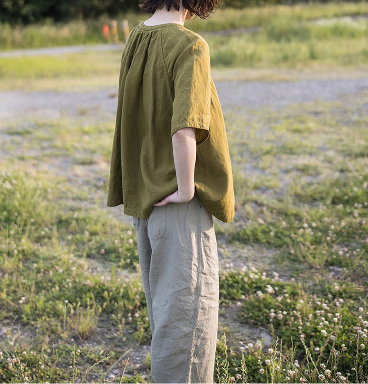 edoa Summer Linen Gathered Neck Blouse