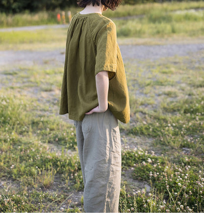 edoa Summer Linen Gathered Neck Blouse