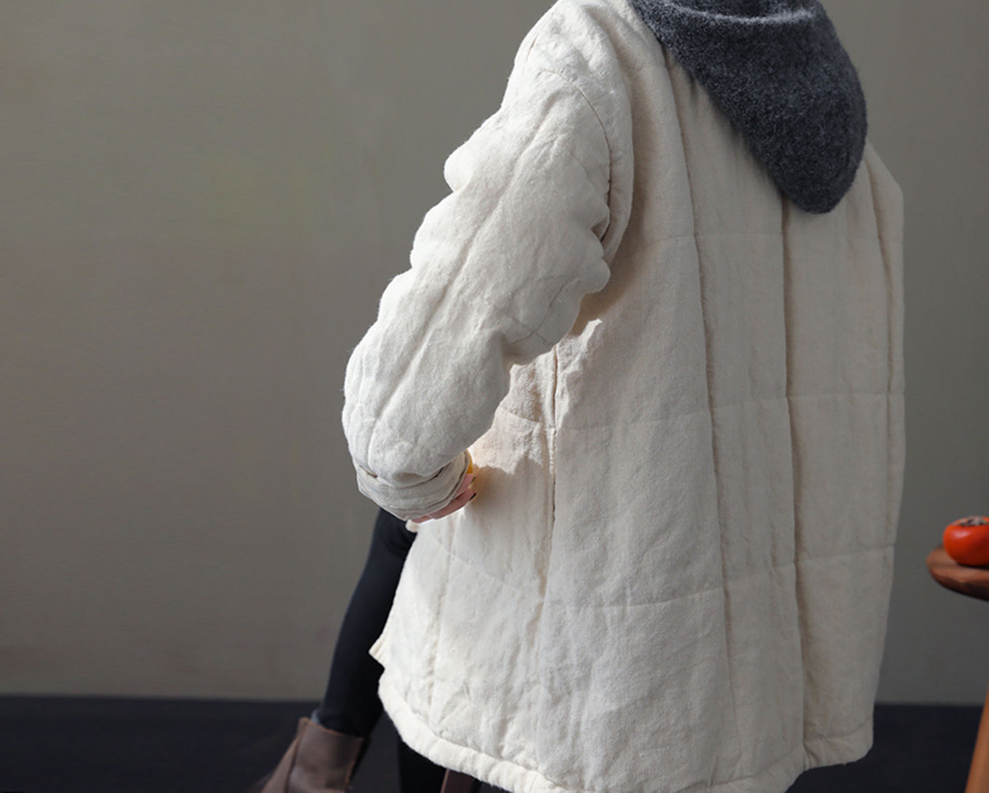 edoa Peter Pan Collar Linen Quilted Modified Chinese Coat 
