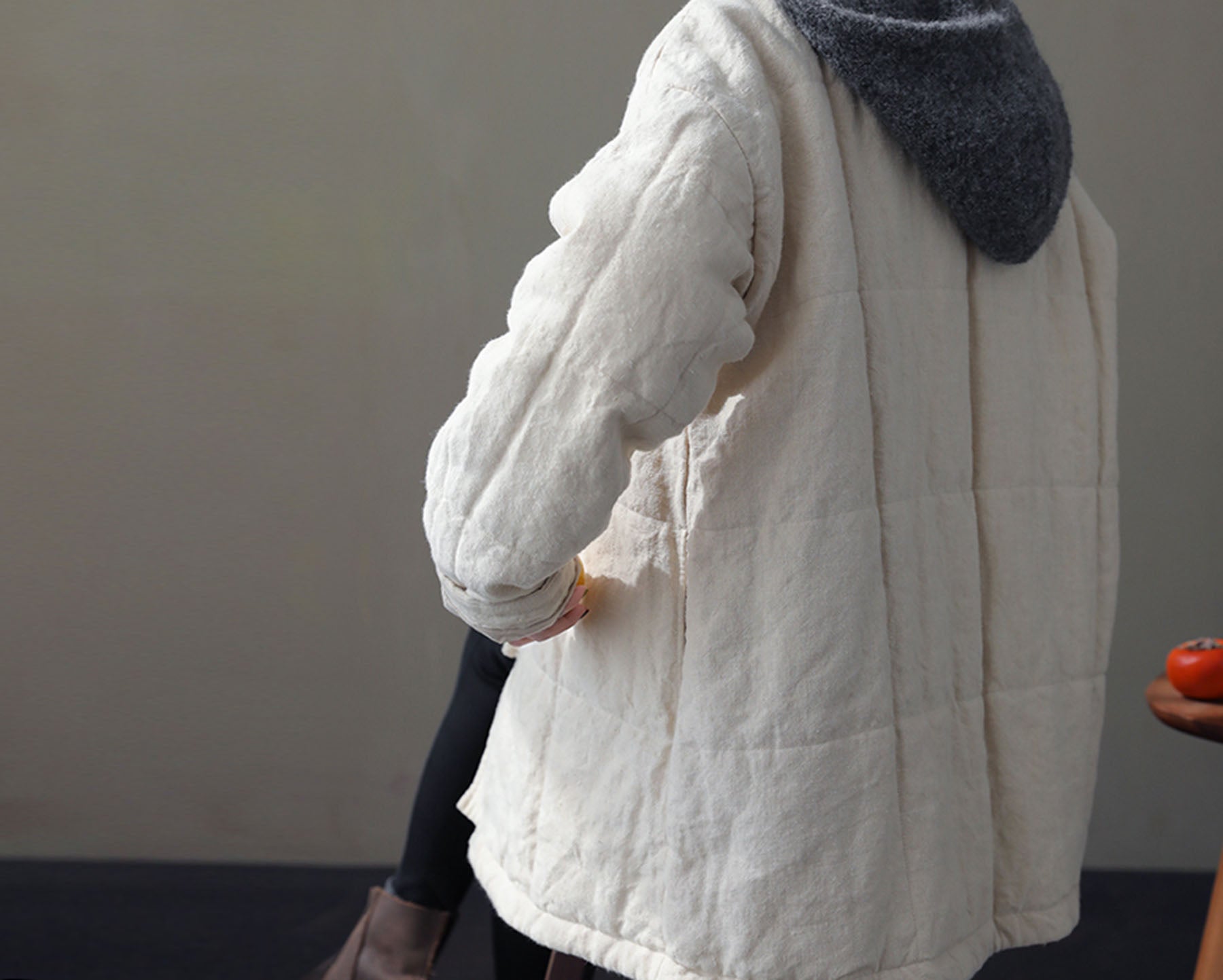 edoa Peter Pan Collar Linen Quilted Modified Chinese Coat 