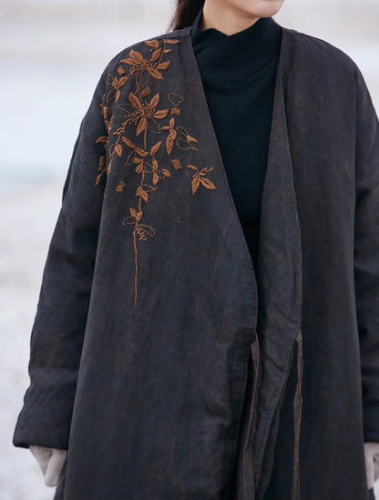edoa Mud Silk Spun Hanfu Goose Down Coat with Hand Embroidery