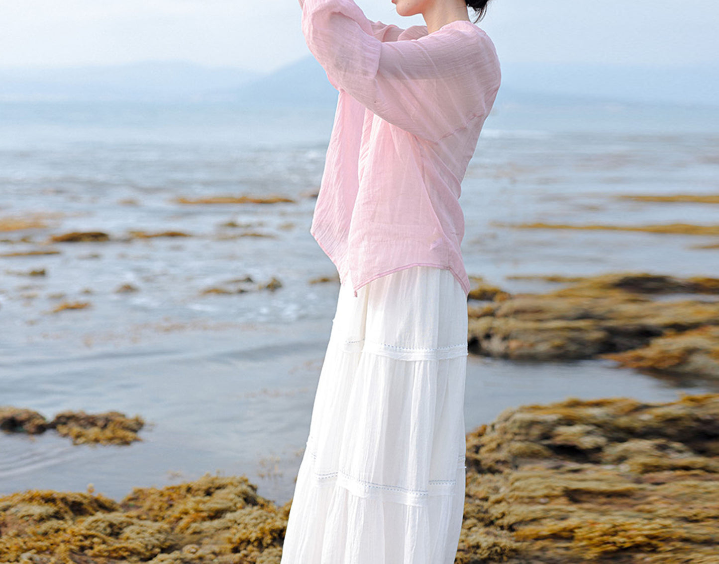 edoa Loose Pink Crinkled Ramie Rayon Blend Chinese Blouse