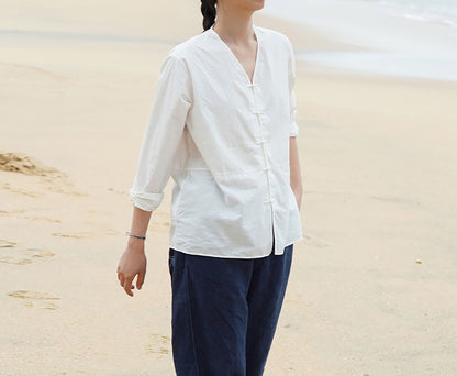 edoa Longsleeve Paper Cotton V-neck Shirt