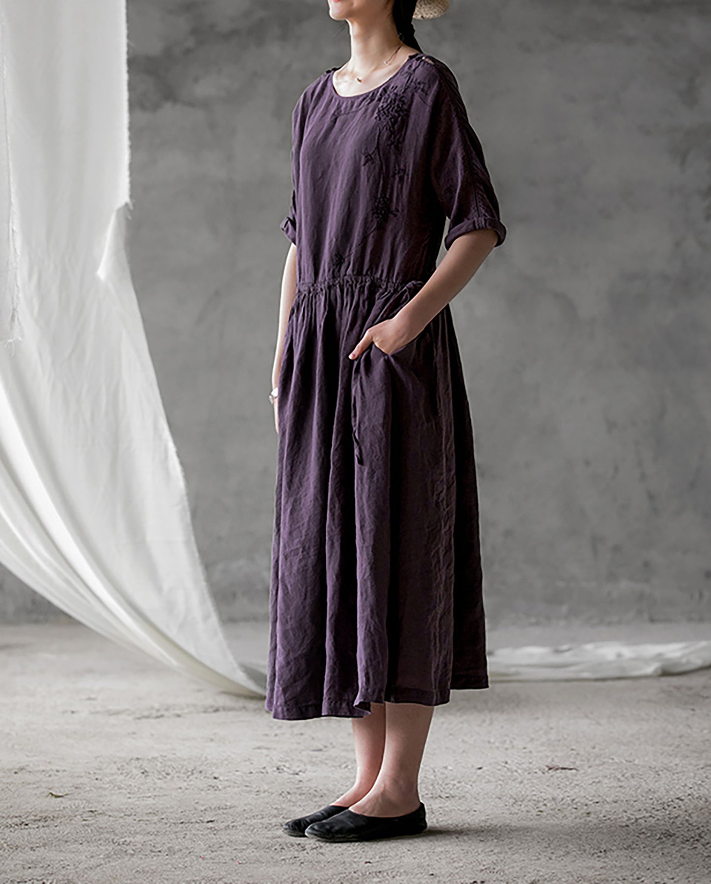 edoa Light Weight Linen Dress with Hand Embroidery