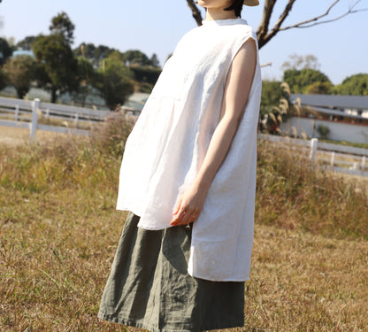 edoa White Oversized Linen Sleeveless Swing Top with Band Collar