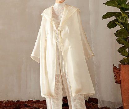 edoa Oversized Chinese Style Mulberry Silk Satin Organza Hooded Coat