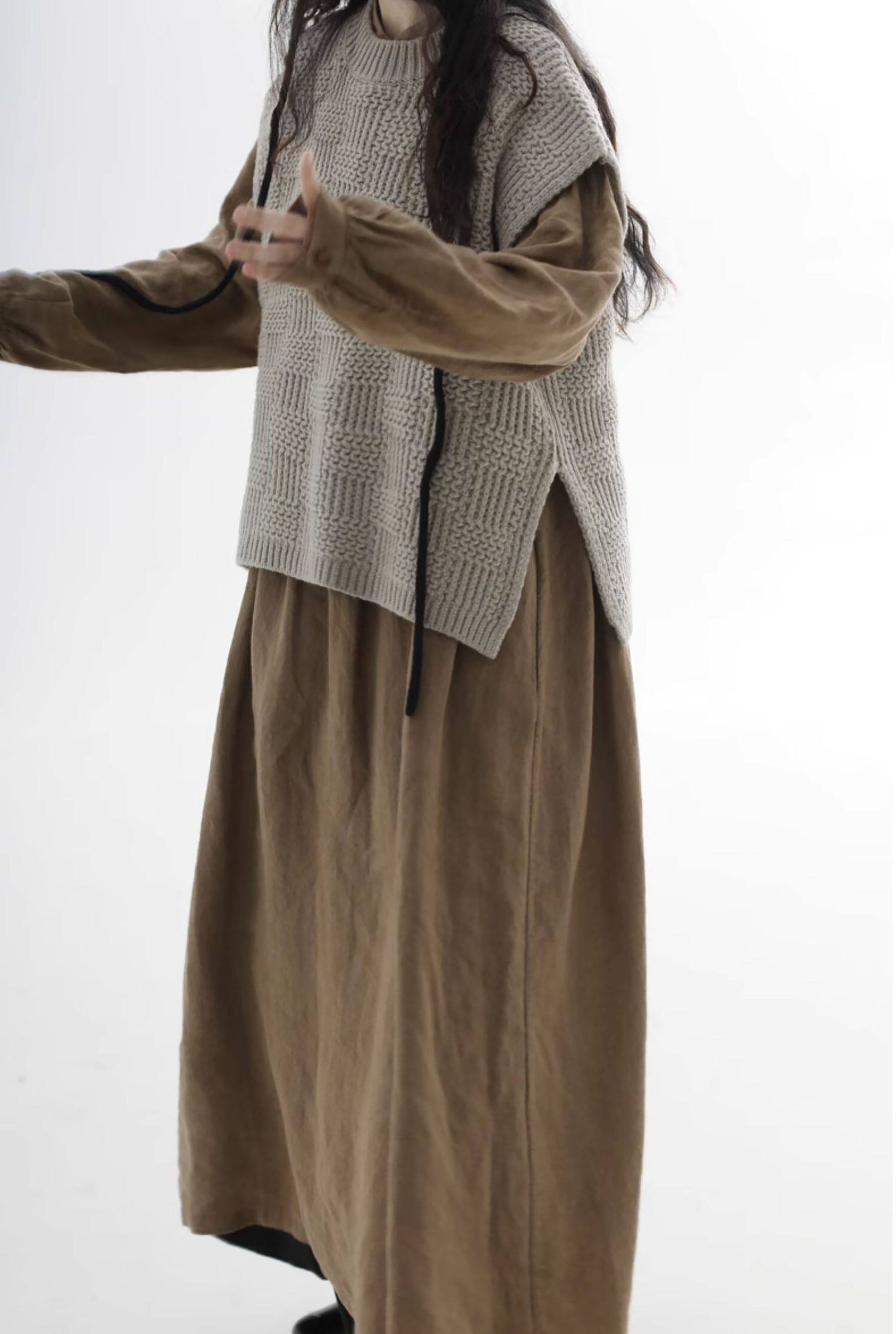 edoa Loose Brown Stone-washed Linen Dress