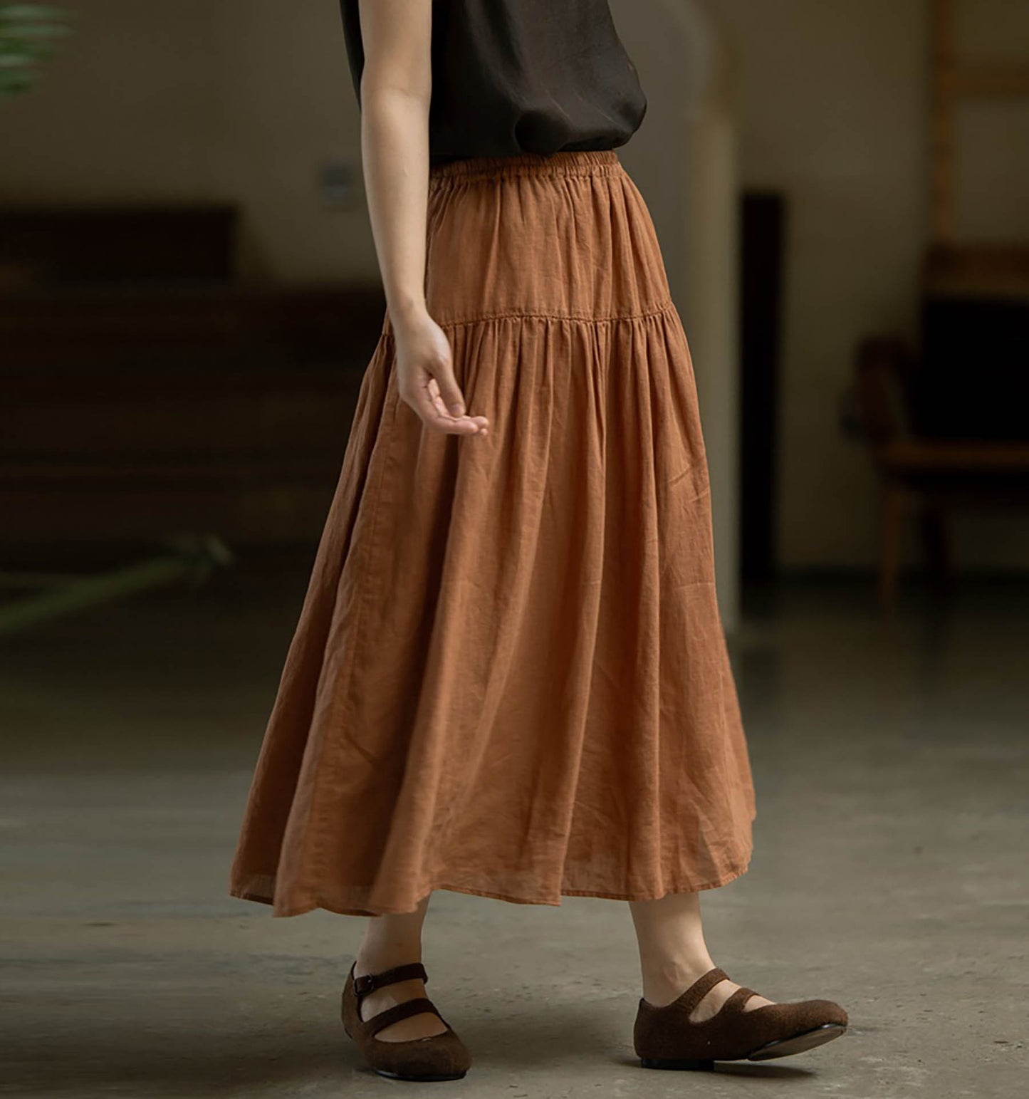 Elastic Waist Linen Tiered Skirt sk0025 O109