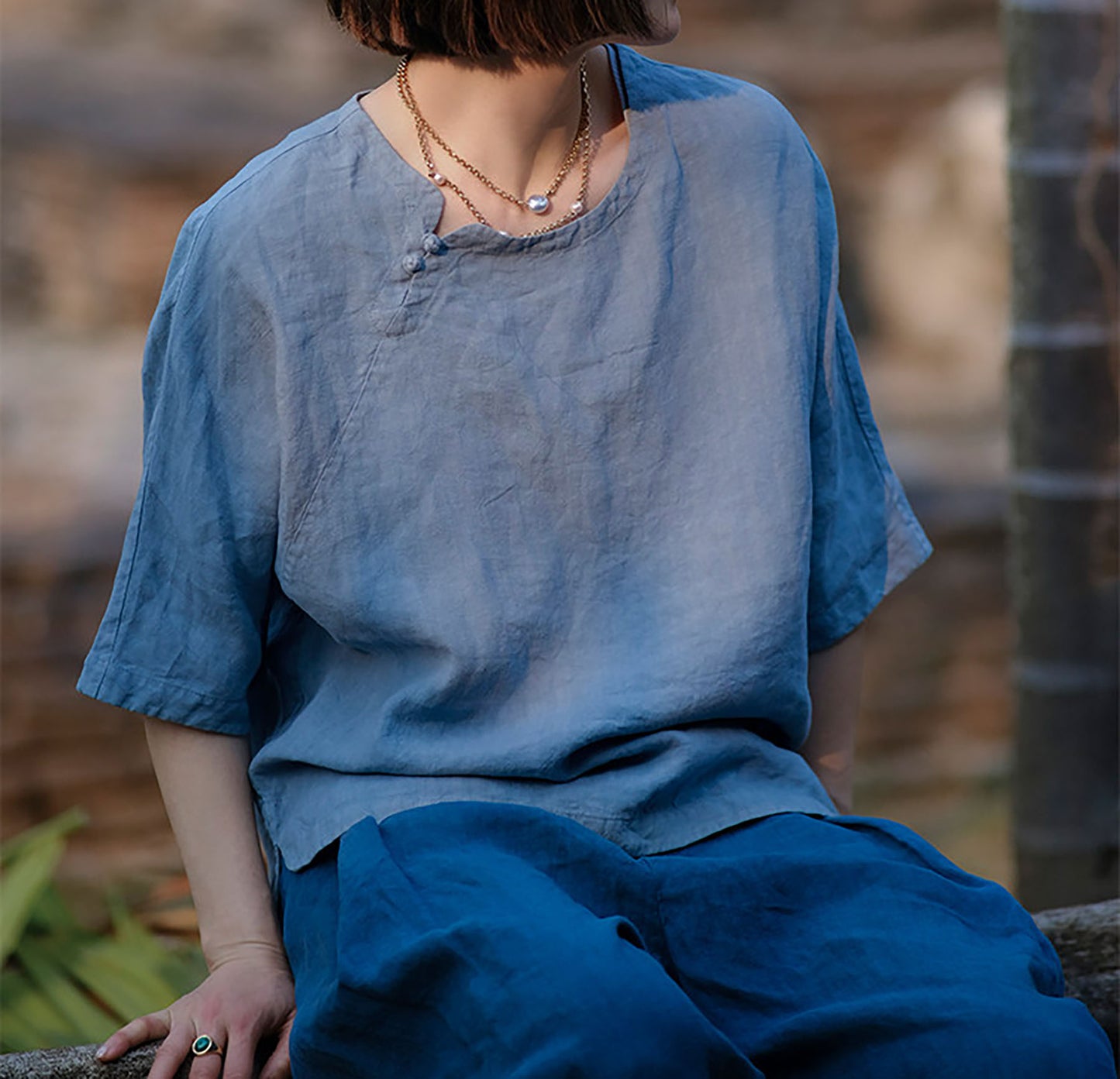 edoa Washed Linen Chinese Style Blouse