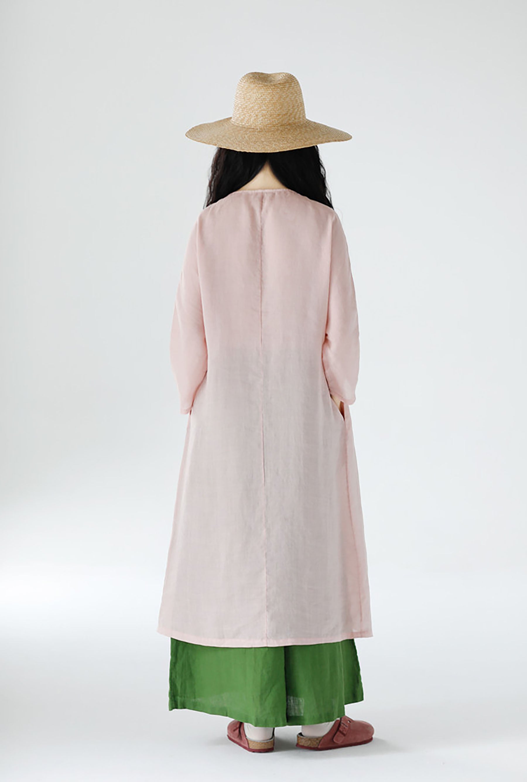 edoa Loose New Chinese Style Pink Ramie Bracelet Sleeve Cheongsam Dress