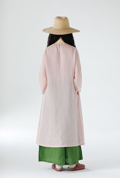 edoa Loose New Chinese Style Pink Ramie Bracelet Sleeve Cheongsam Dress