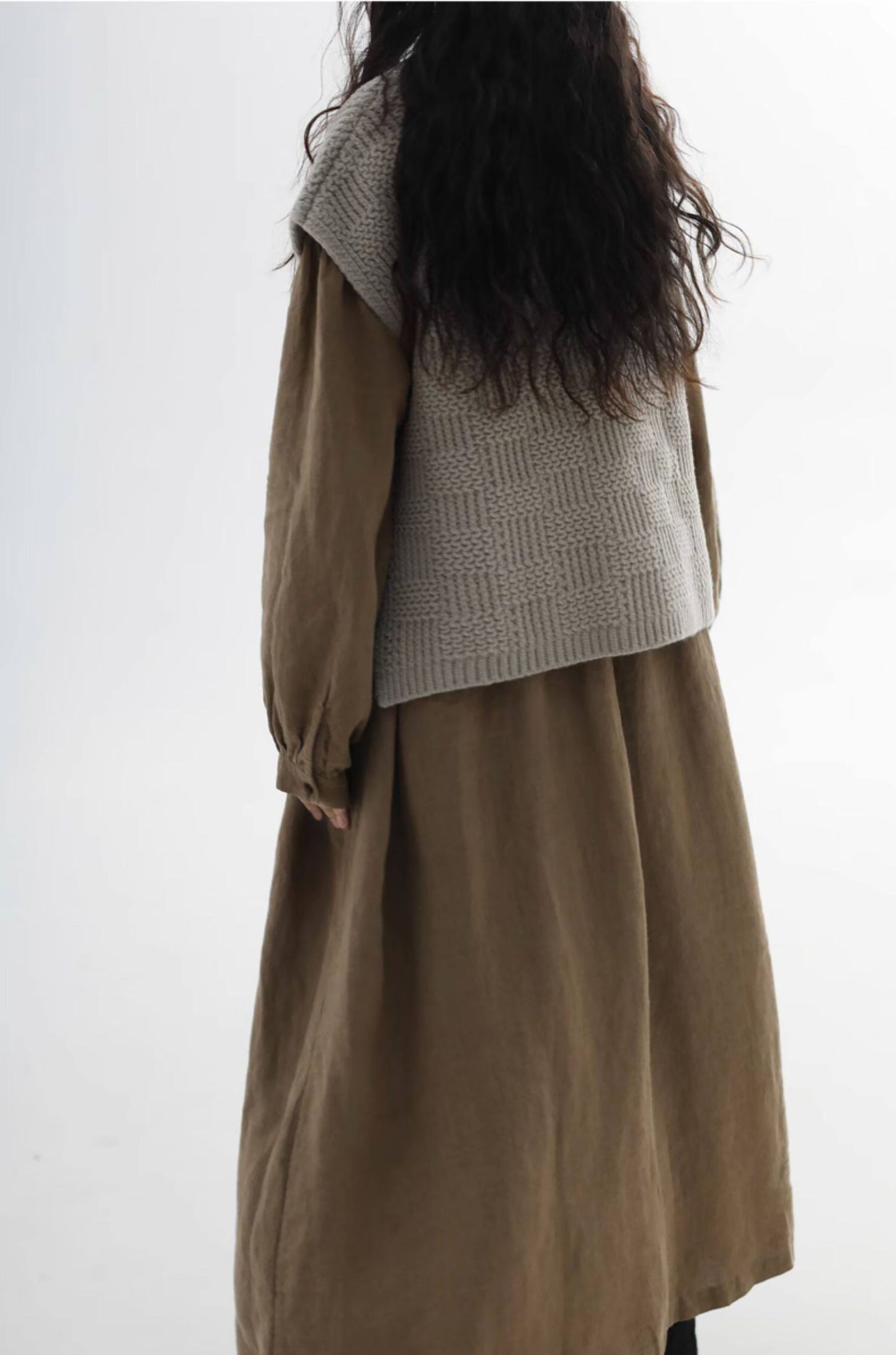 edoa Loose Brown Stone-washed Linen Dress