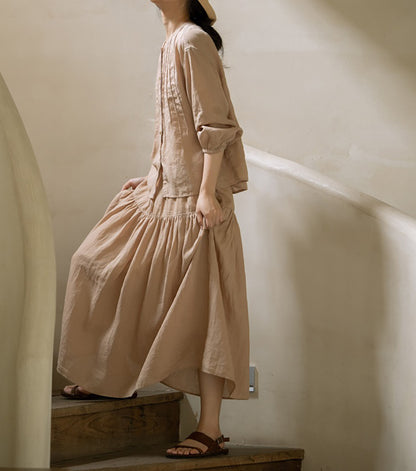Elastic Waist Linen Tiered Skirt sk0025 O109