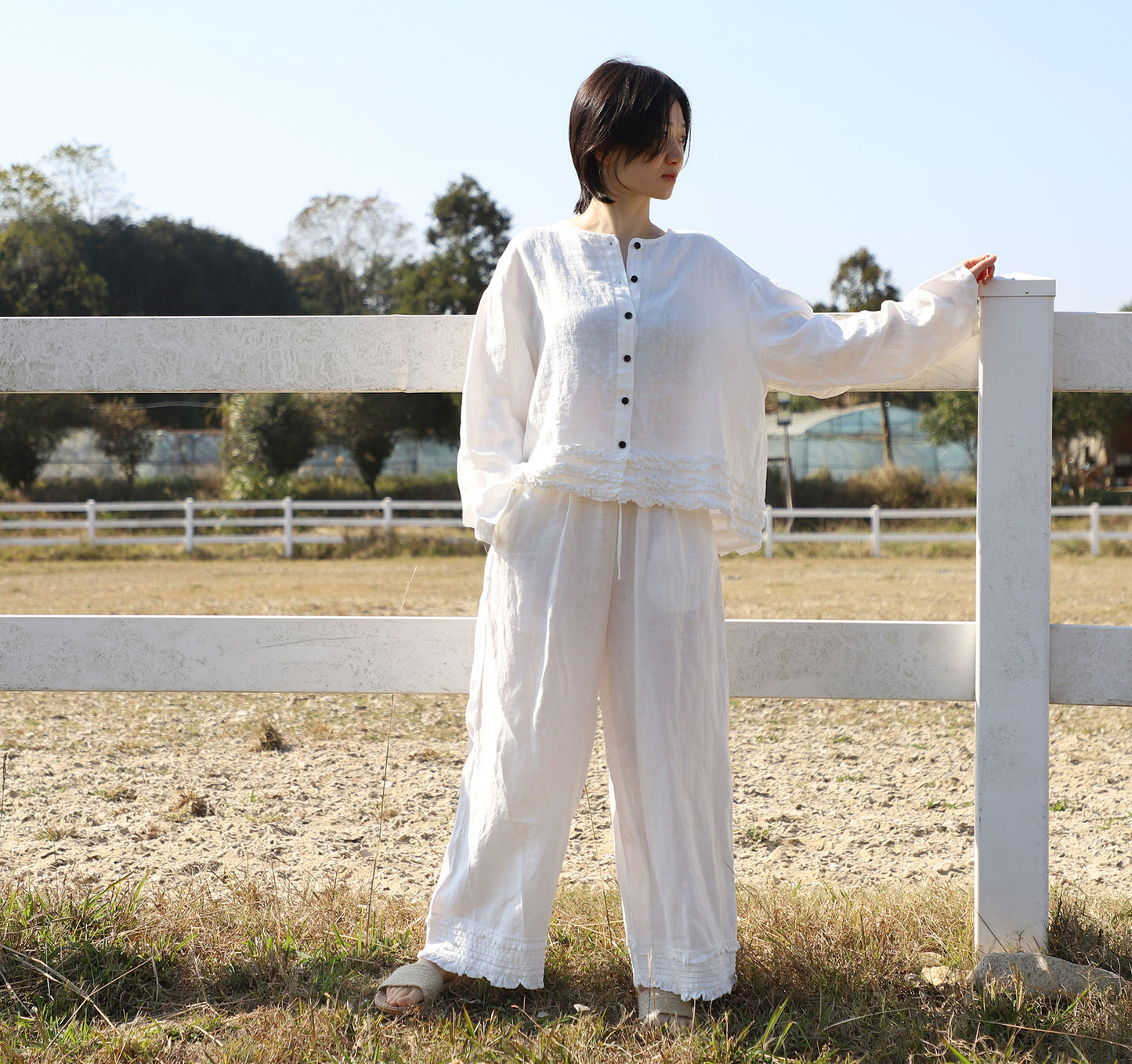 edoa White Linen Wide-leg Ruffled Resort Pants 