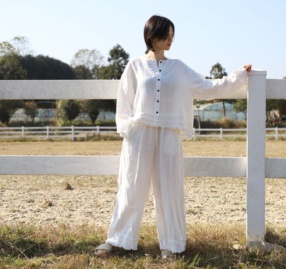 edoa White Linen Wide-leg Ruffled Resort Pants 