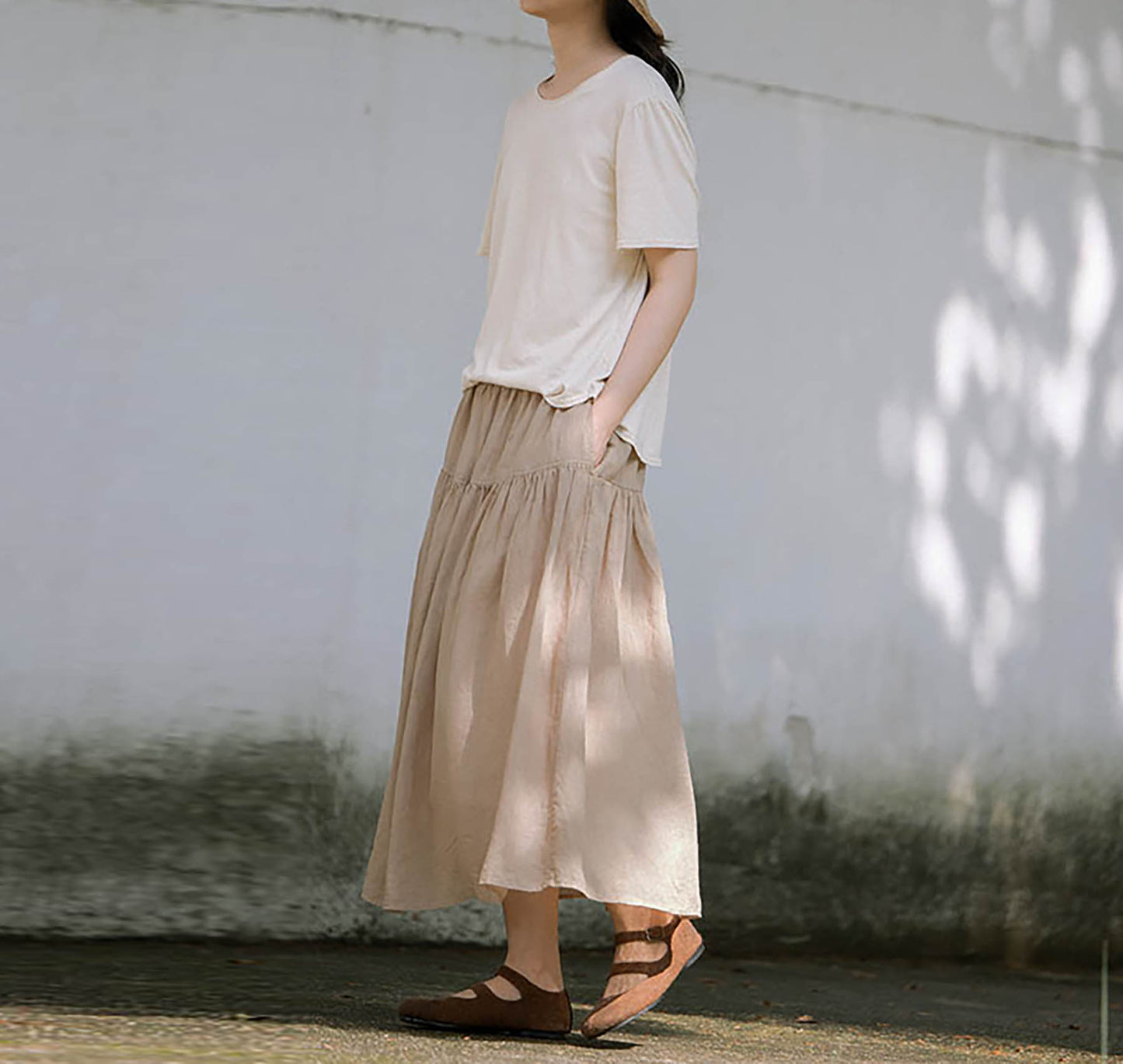 Elastic Waist Linen Tiered Skirt sk0025 O109