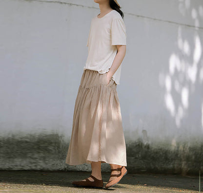 Elastic Waist Linen Tiered Skirt sk0025 O109