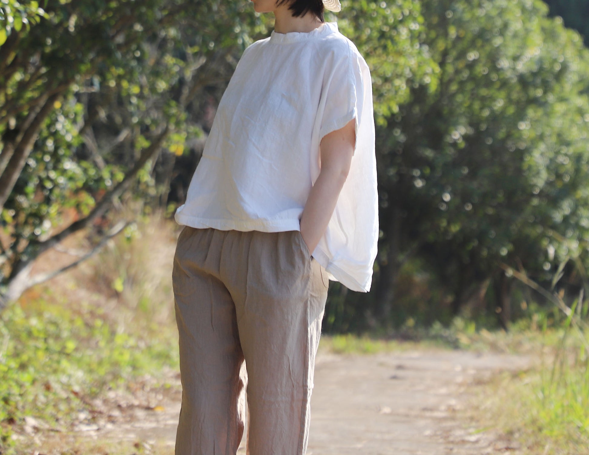 edoa White Oversized Linen Square Top with Twisted neck