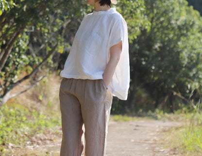 edoa White Oversized Linen Square Top with Twisted neck