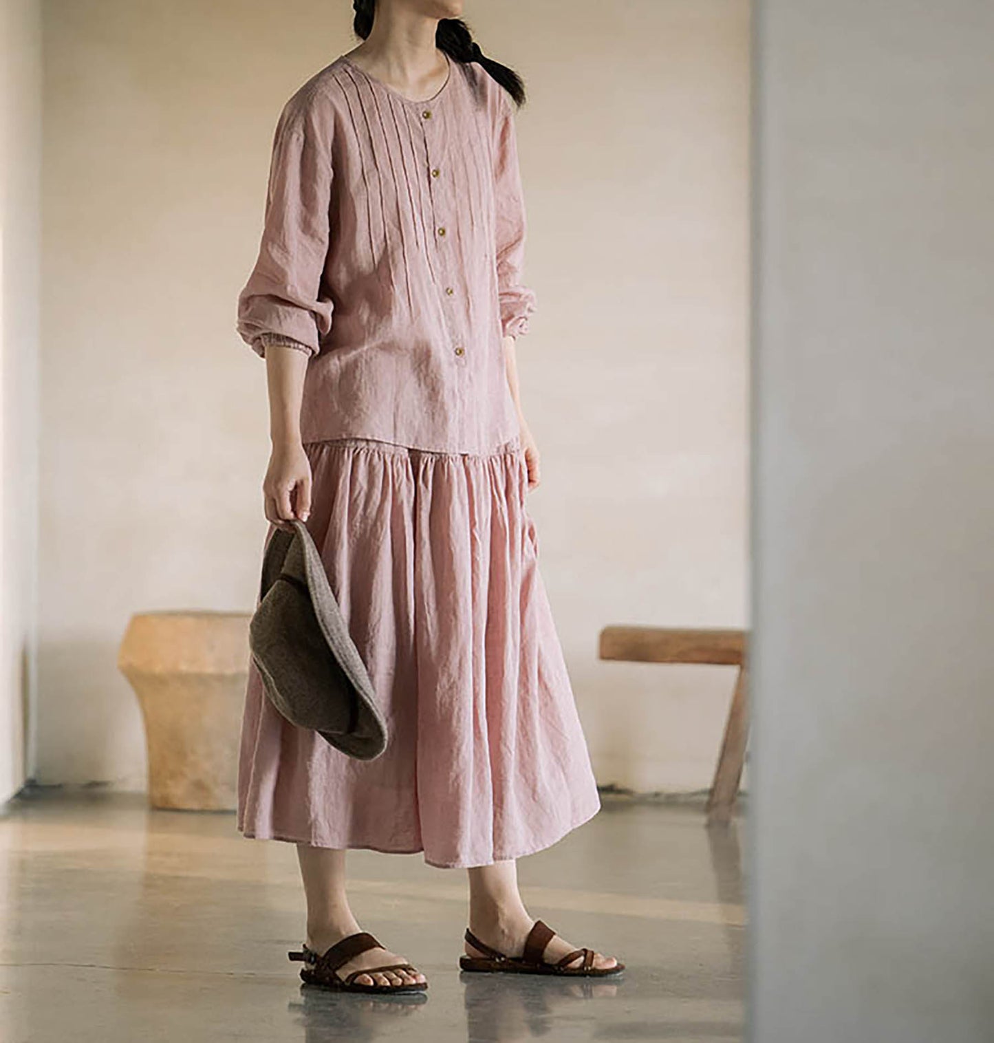 edoa Elastic Waist Linen Tiered Skirt 