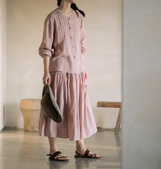 edoa Elastic Waist Linen Tiered Skirt 