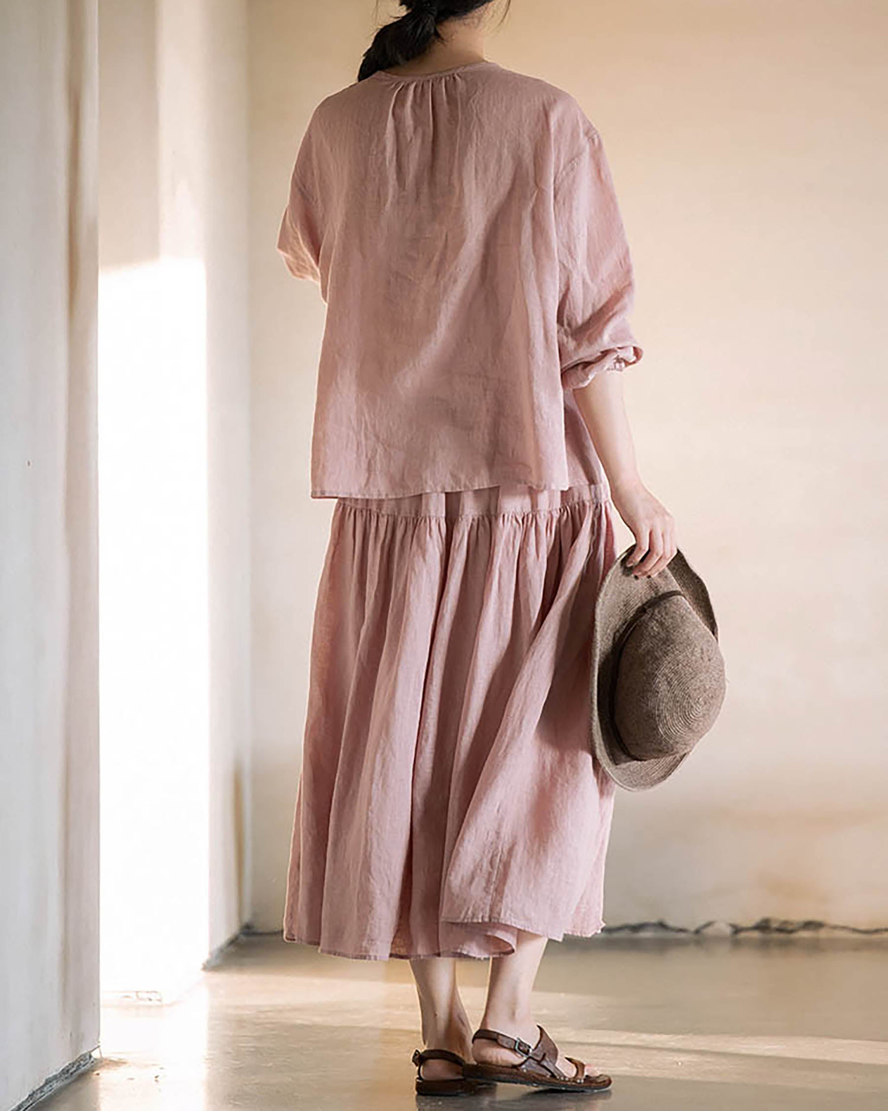 edoa Elastic Waist Linen Tiered Skirt 