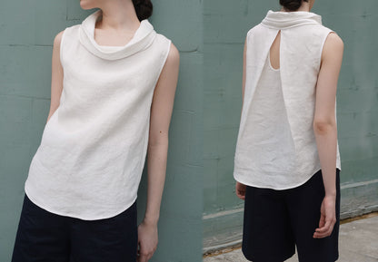 edoa Washed Linen Drape Collar Sleeveless Tunic