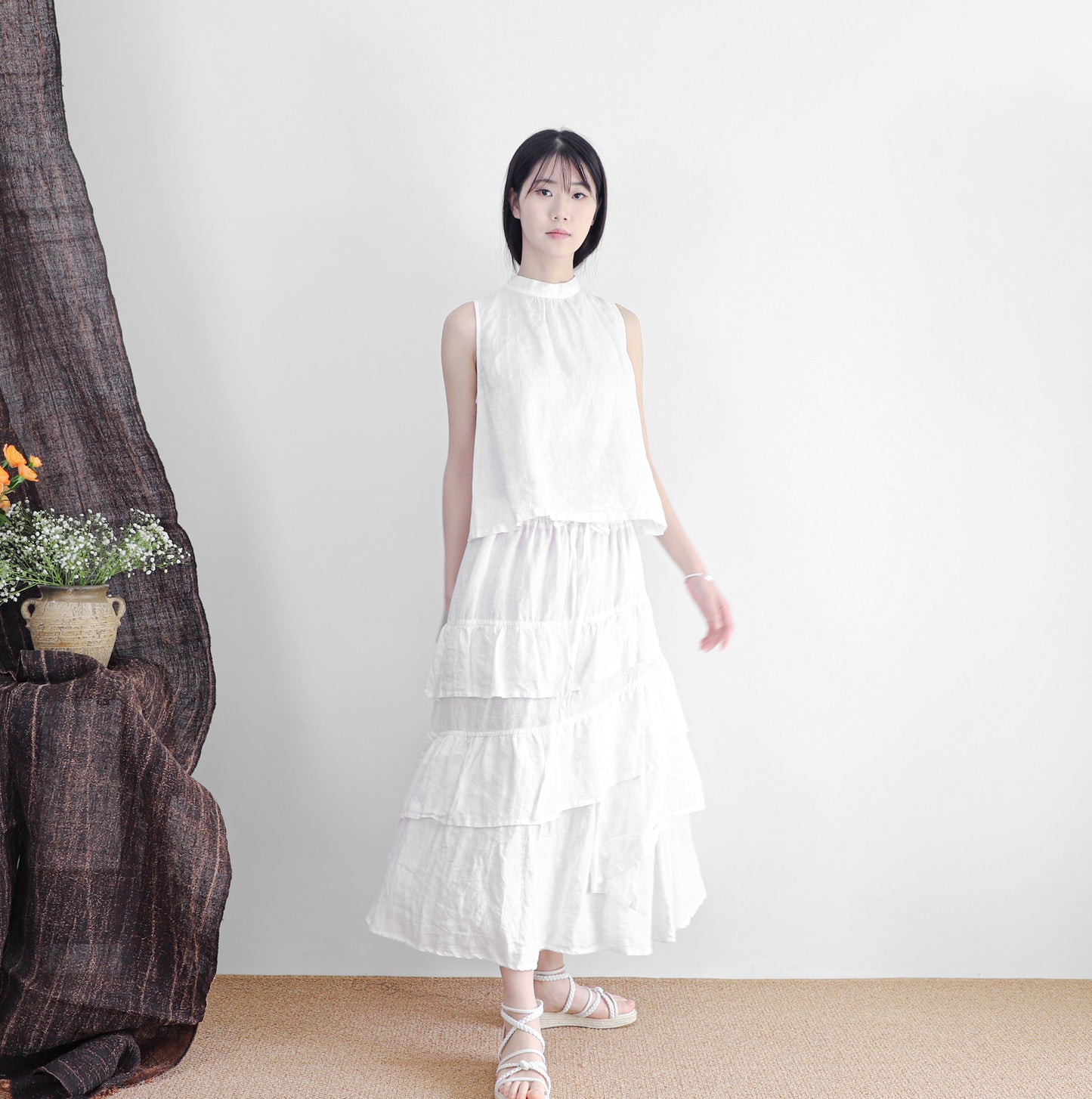edoa linen tiered white skirt