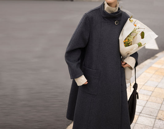 edoa Wool High Neck Collar Trapeze Coat