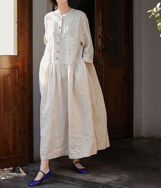 edoa Flax Linen Low-waist Wide Dress