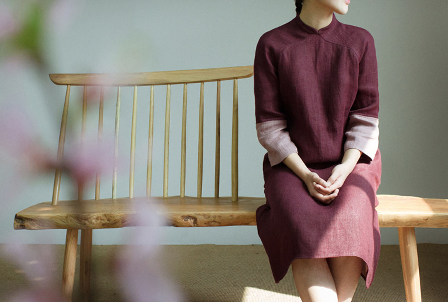 edoa Burgendy Two Tone Linen Modified Qipao