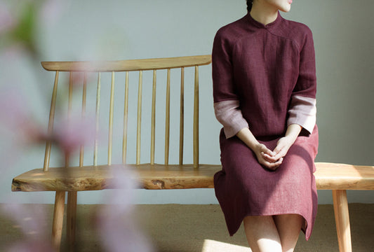edoa Burgendy Two Tone Linen Modified Qipao