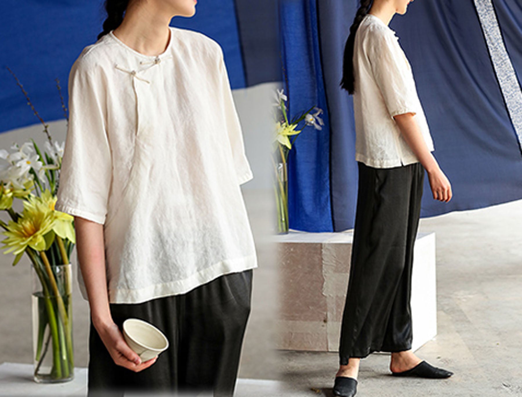 edoa Half Sleeve Washed Linen Cheongsam