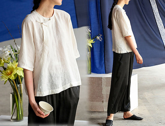 edoa Half Sleeve Washed Linen Cheongsam
