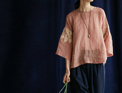 edoa Ramie Tee with Toned Dupioni Hand-sewn Applique'