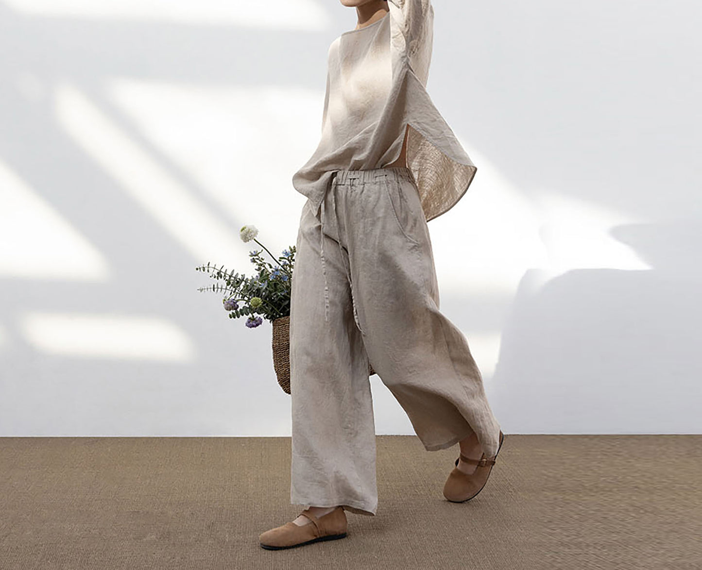 edoa Wide Leg Linen Pants with Drawstring Waist